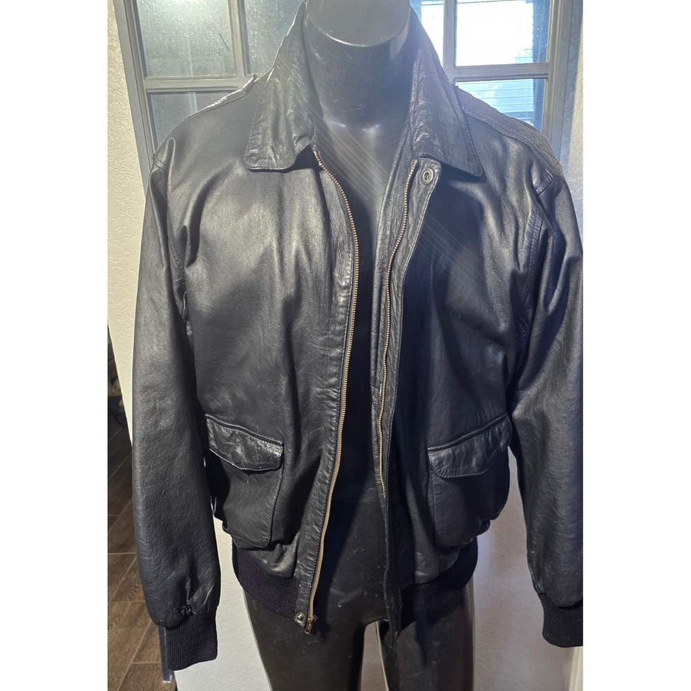 Burks Bay Mens Black Lambskin Leather Bomber Jacket Aviator Flight Coat L